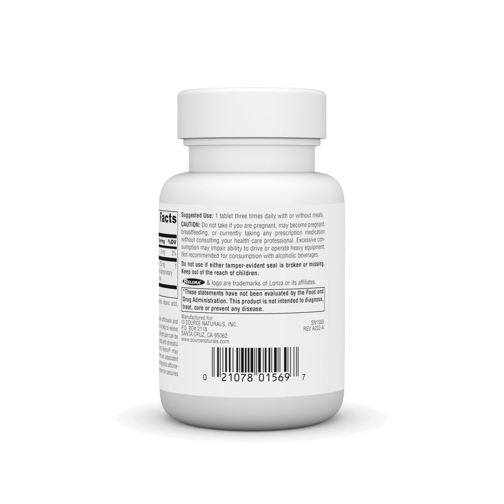 Front label of Source Naturals Relora emphasizing the brand and blend.