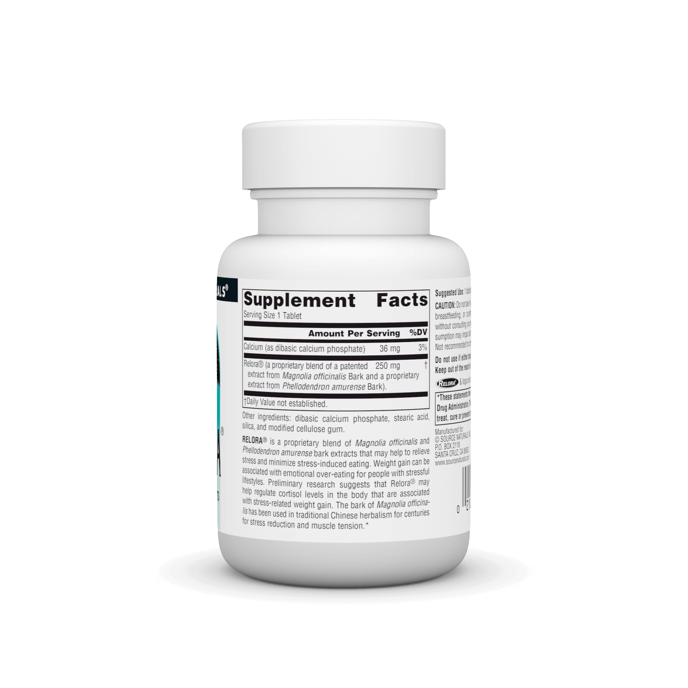 Close-up of Relora tablets highlighting the daily dosing option.