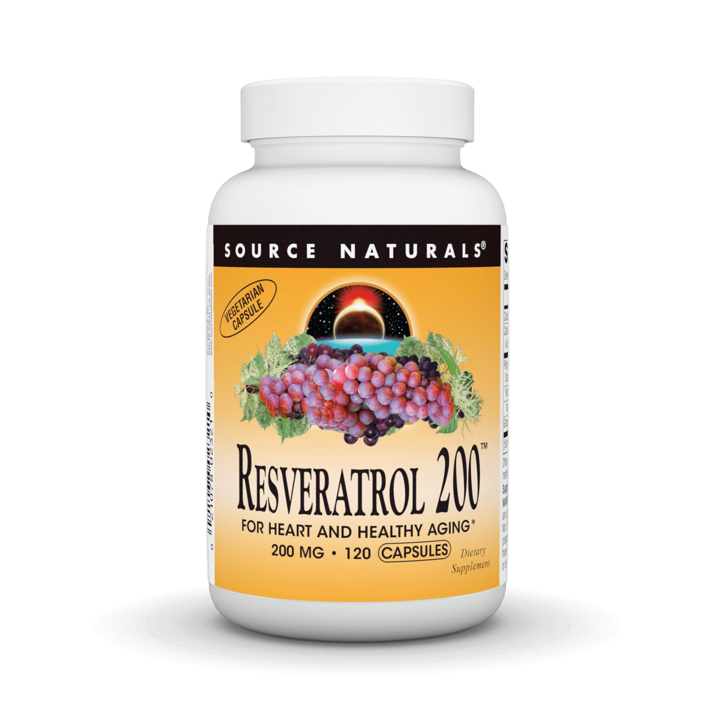 Source Naturals Resveratrol 200 mg bottle supports healthy aging.