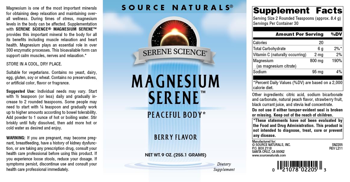 Close-up of the Source Naturals Serene Berry label emphasizing quality and ingredients.