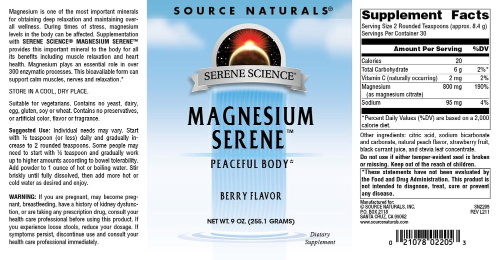Close-up of the Source Naturals Serene Berry label emphasizing quality and ingredients.