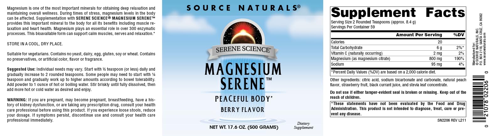 Source Naturals Serene Magnesium Serene Berry jar close-up highlighting the label.