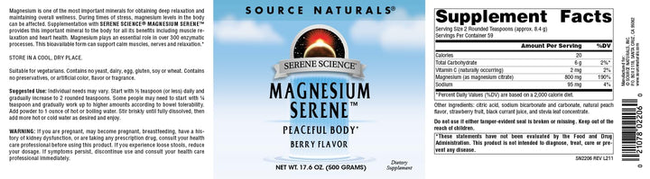Source Naturals Serene Magnesium Serene Berry jar close-up highlighting the label.