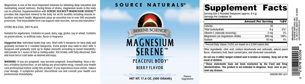 Source Naturals Serene Magnesium Serene Berry jar close-up highlighting the label.