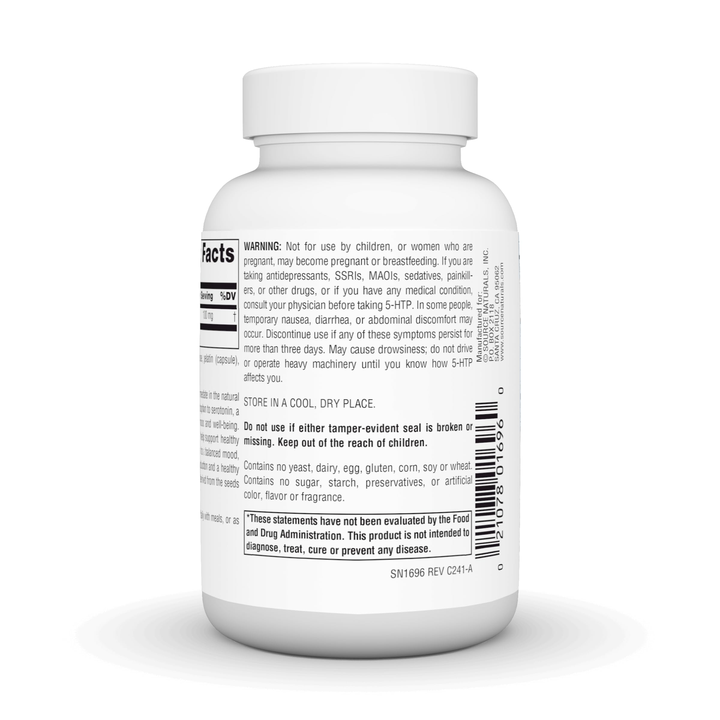 Source Naturals Serene Science 5-HTP label close-up for transparency.