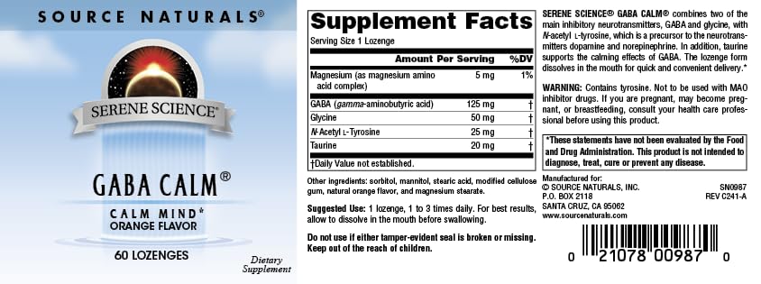 Source Naturals GABA Calm bottle back with ingredient notes supporting mindful relaxation.