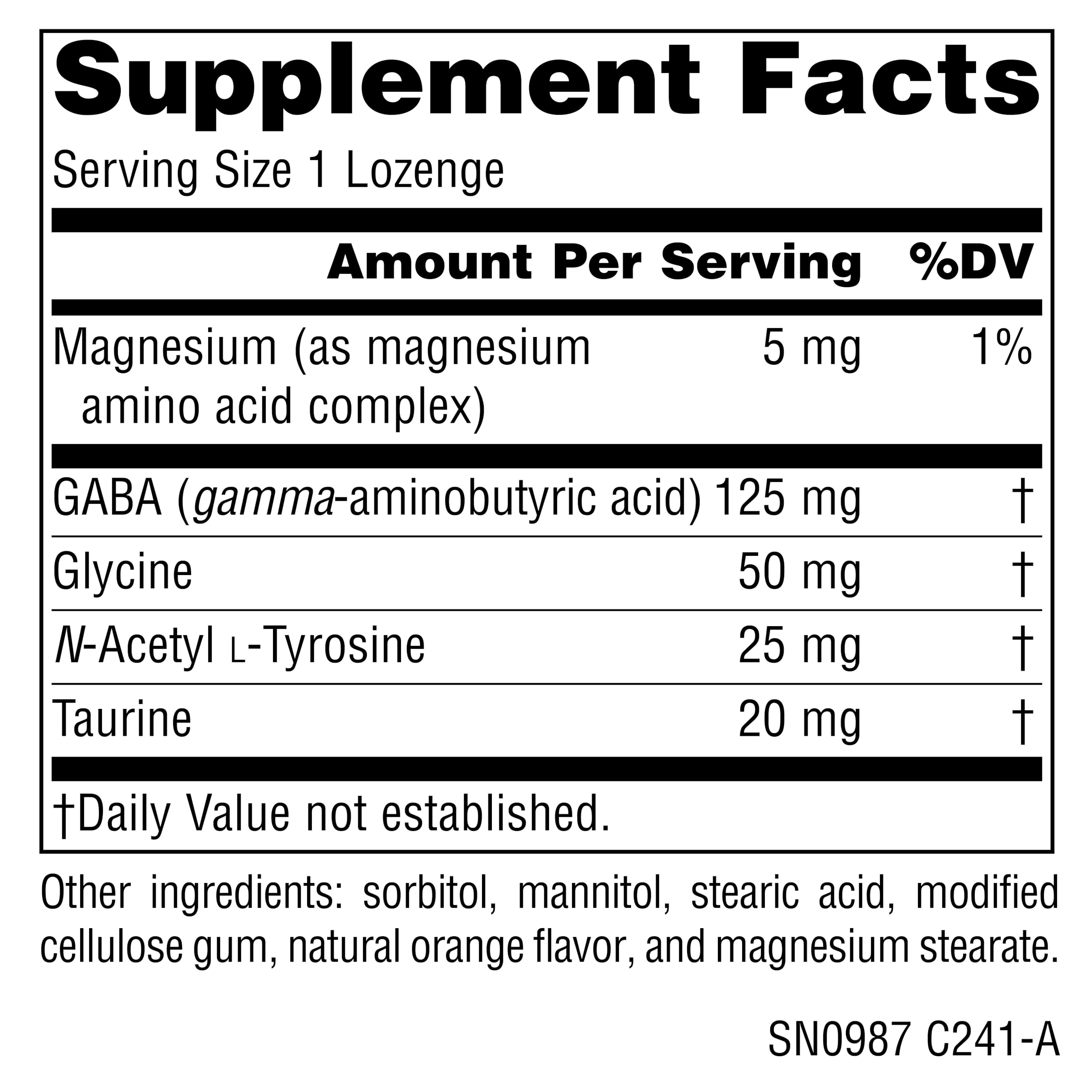 Source Naturals GABA Calm orange lozenge tablet dissolving for quick absorption.