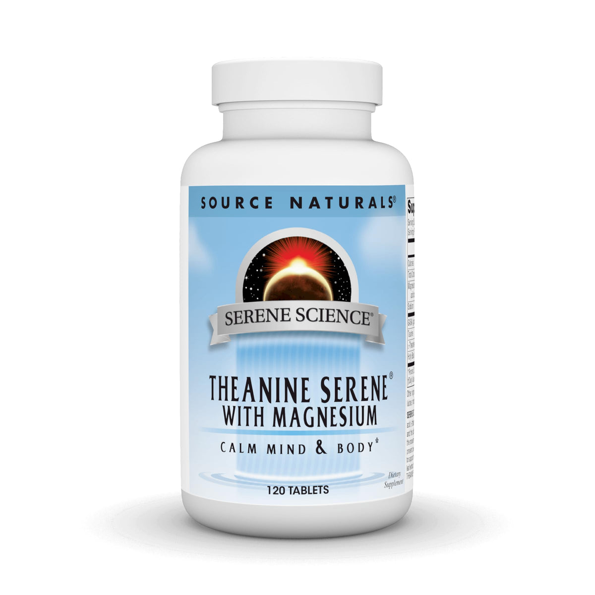 Source Naturals Serene Science L-Theanine tablets in bottle for calm focus.