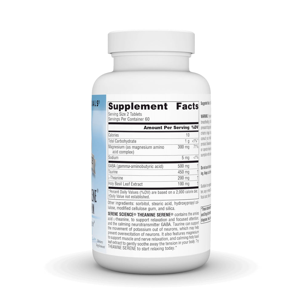 Source Naturals Serene Science L-Theanine tablets close-up highlighting calm focus.