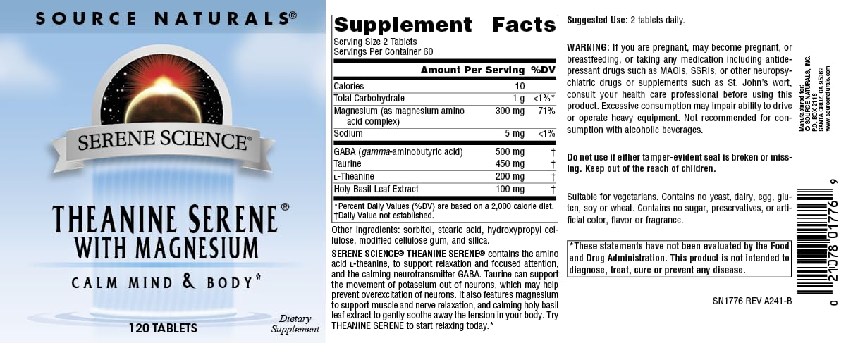 Source Naturals Serene Science tablets on desk ready for use.