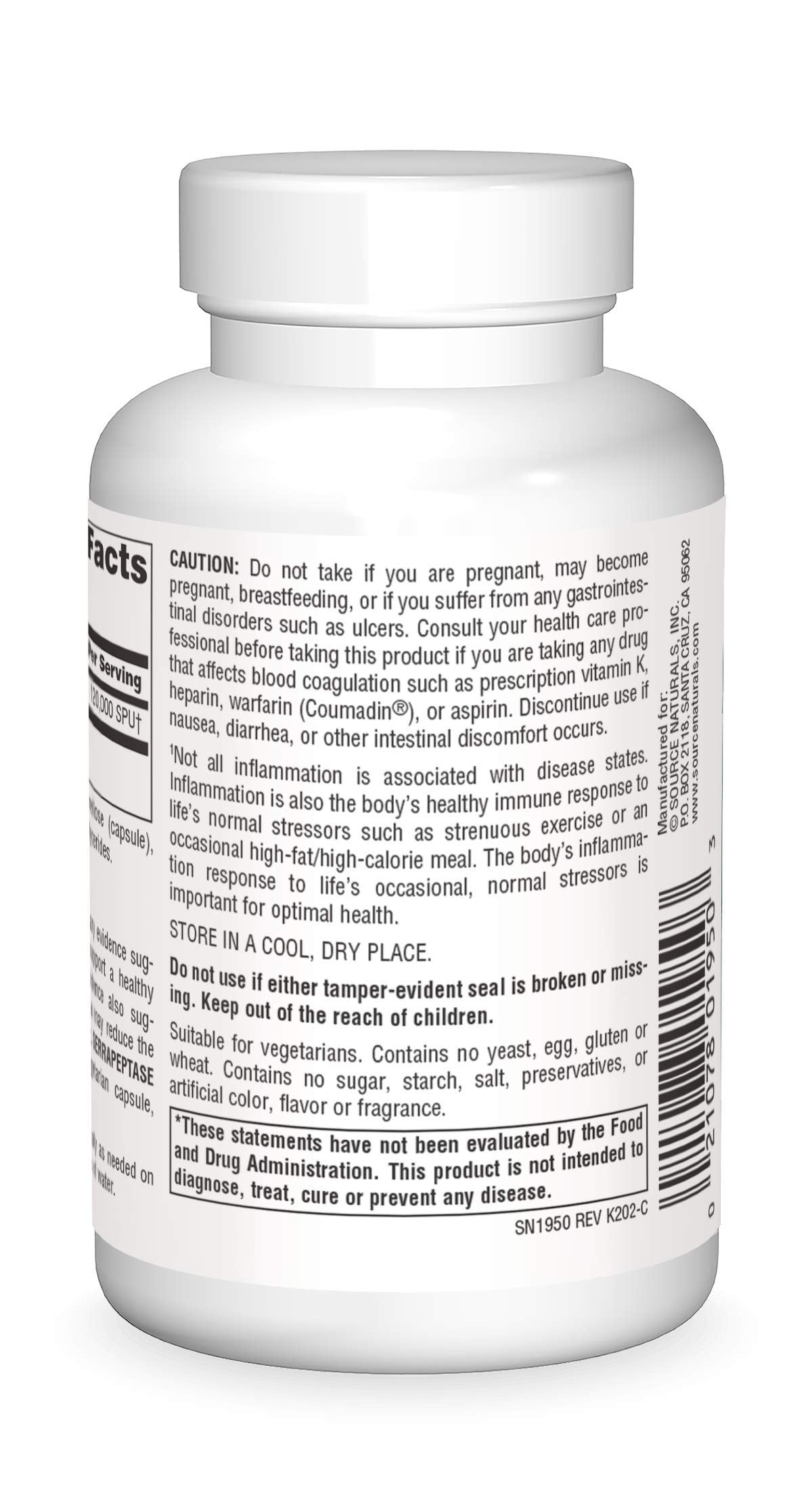 Source Naturals Serrapeptase capsules close-up; potential for a healthy inflammatory response.