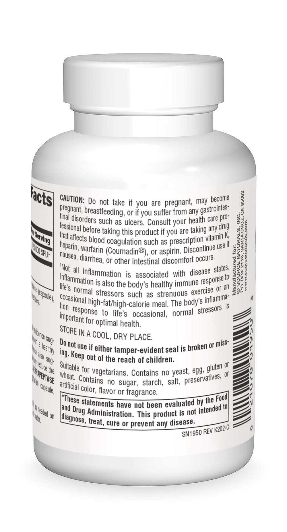 Source Naturals Serrapeptase capsules close-up; potential for a healthy inflammatory response.