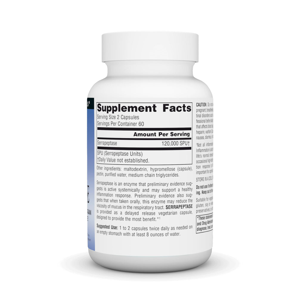Source Naturals Serrapeptase label detail; highlights delayed-release vegetarian formula.