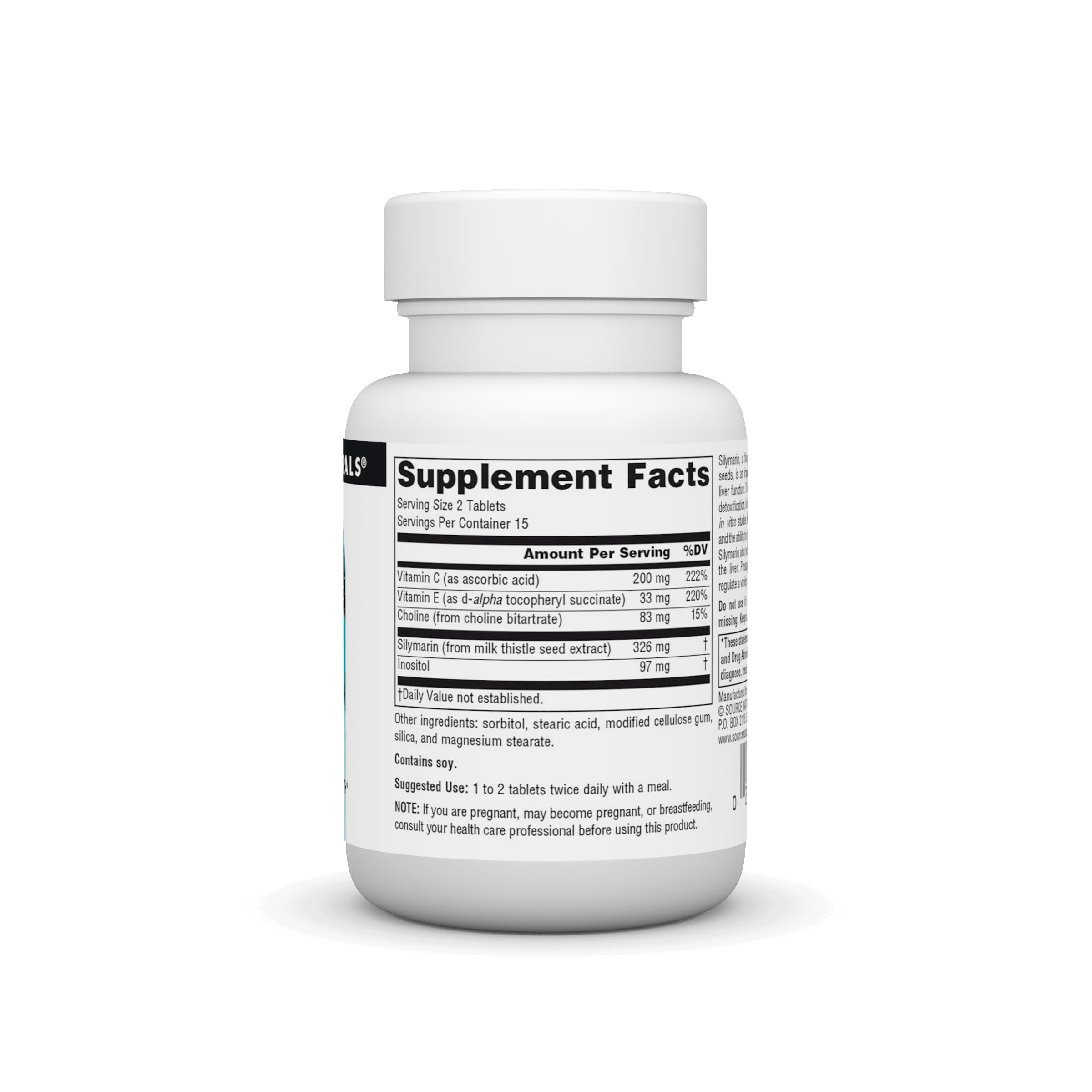Source Naturals Silymarin Plus bottle label with ingredients and dosage
