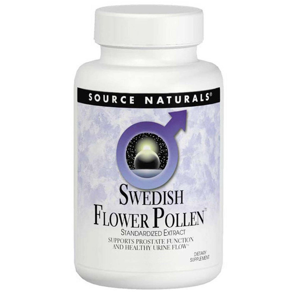 Source Naturals Swedish Flower Pollen Extract bottle front; supports daily well-being with pollen-derived compounds.