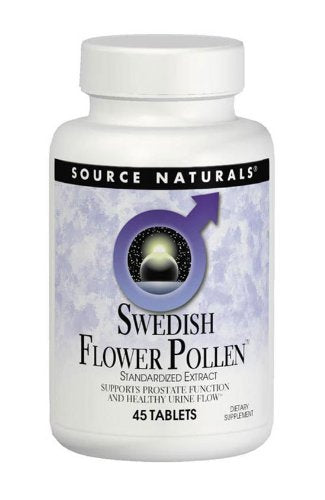 Source Naturals Swedish Flower Pollen Extract lifestyle image with bottle and glass for everyday wellness.