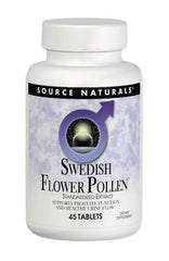 Source Naturals Swedish Flower Pollen Extract lifestyle image with bottle and glass for everyday wellness.