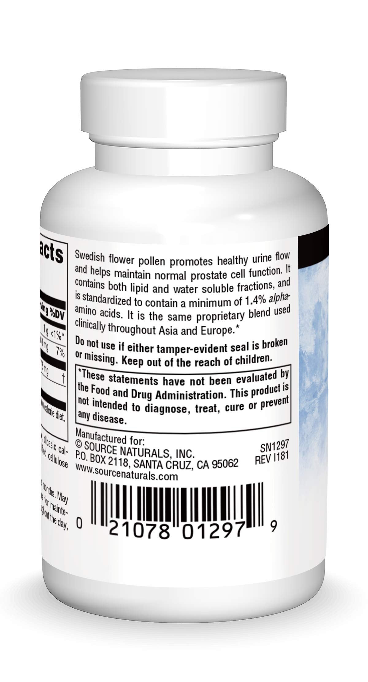 Source Naturals Swedish Flower Pollen label closeup showing product details.