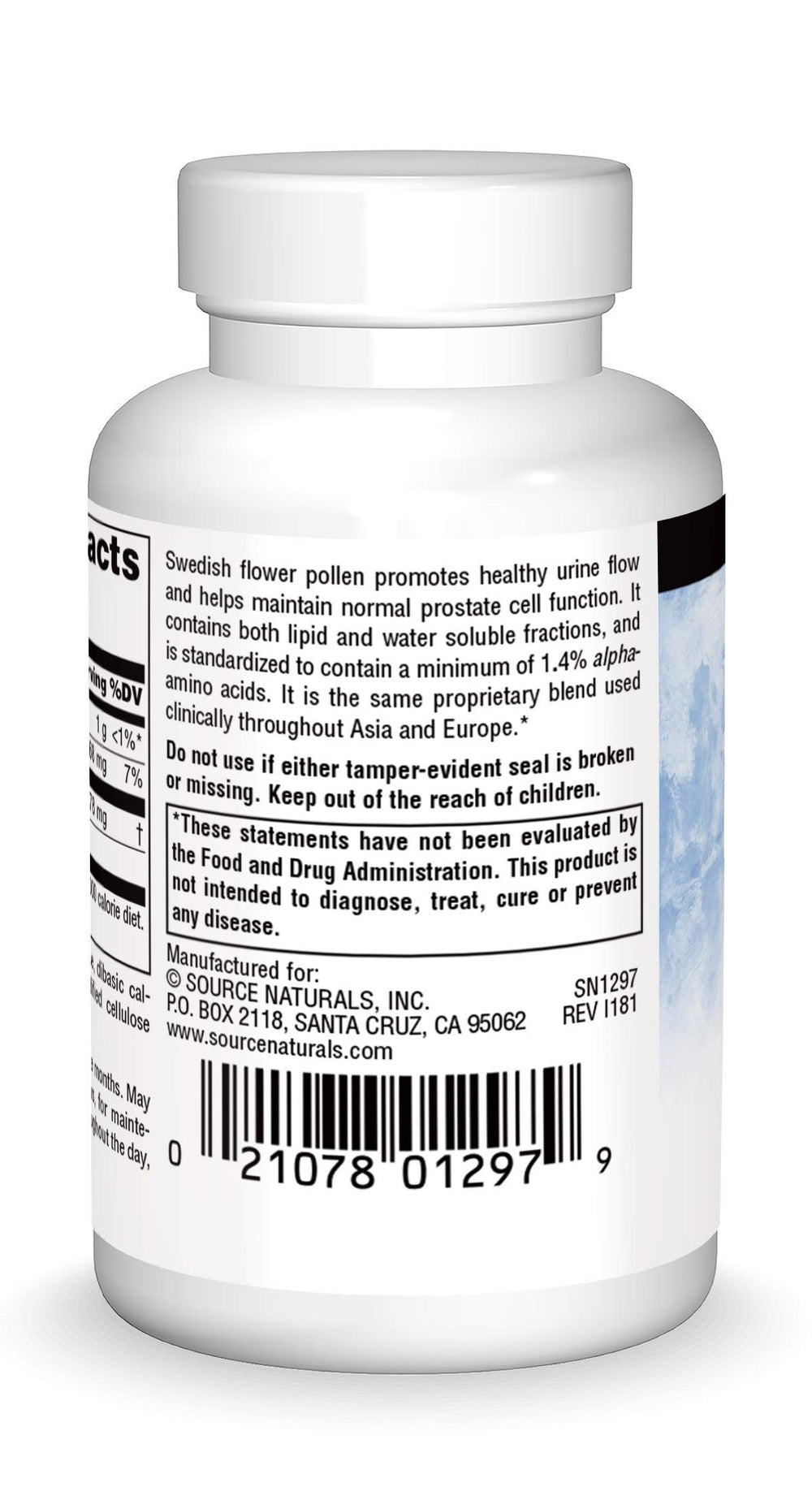Source Naturals Swedish Flower Pollen label closeup showing product details.