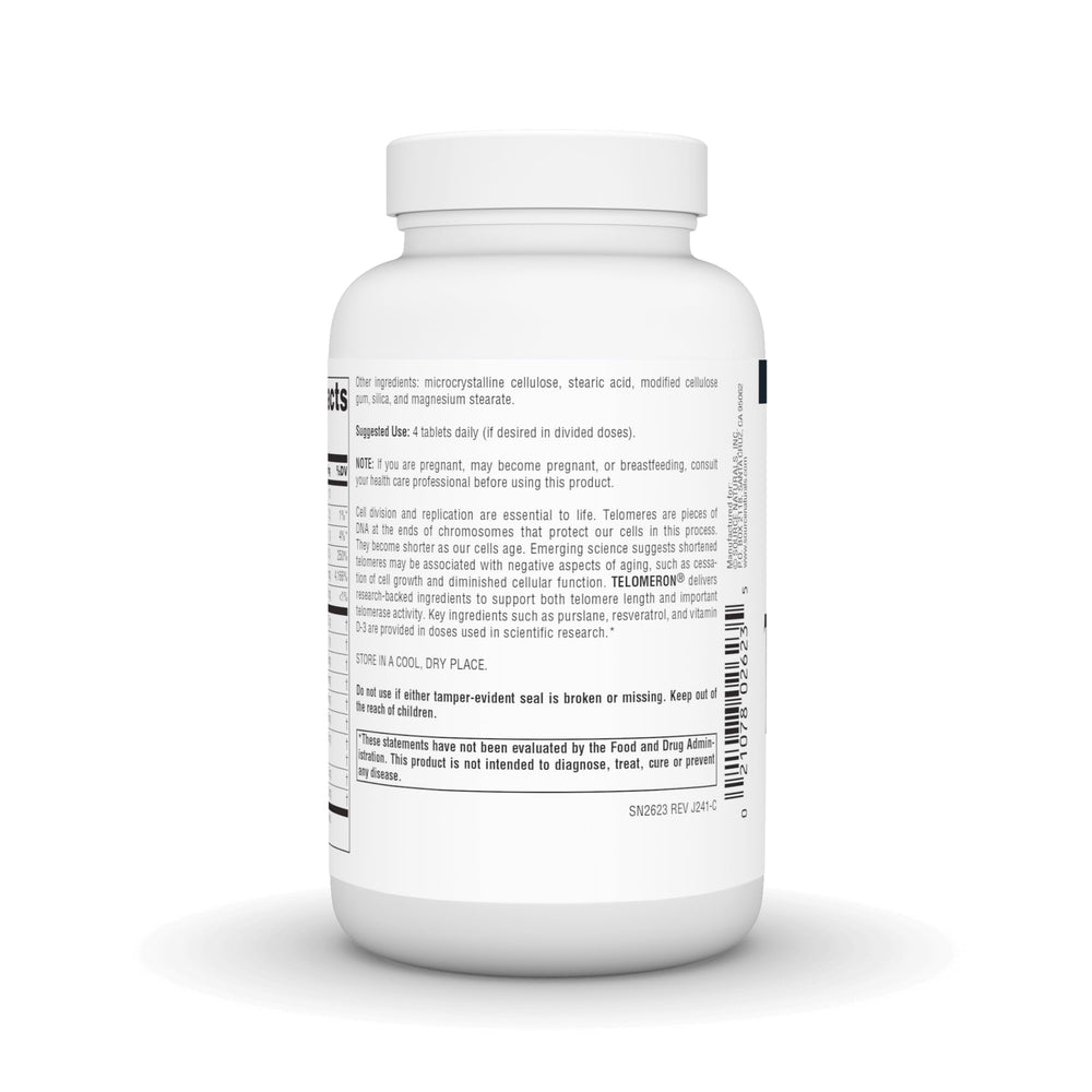 Source Naturals Telomeron label detail: science-backed ingredients targeting telomere length potential