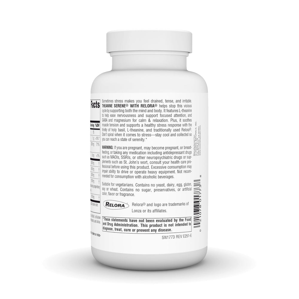 Source Naturals Theanine Serene ingredients label with Relora and L-theanine