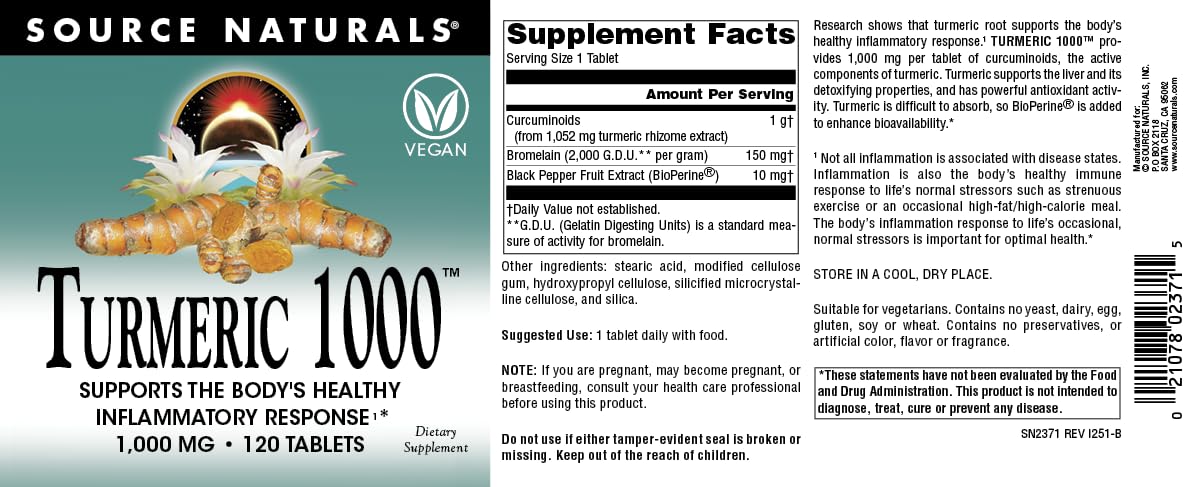 Source Naturals Turmeric 1000 vegan tablets indicating plant-based wellness