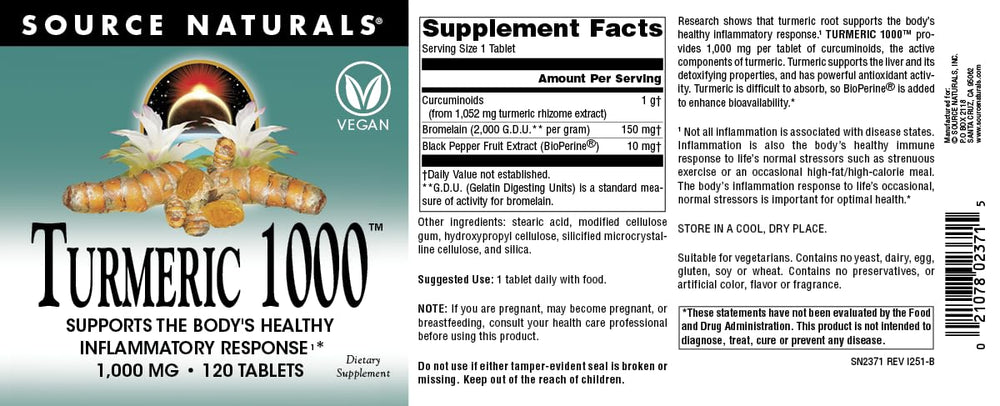 Source Naturals Turmeric 1000 vegan tablets indicating plant-based wellness