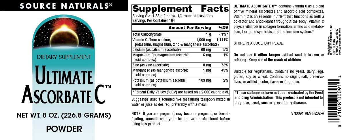 Close-up of the Label on Source Naturals Ultimate Ascorbate C.
