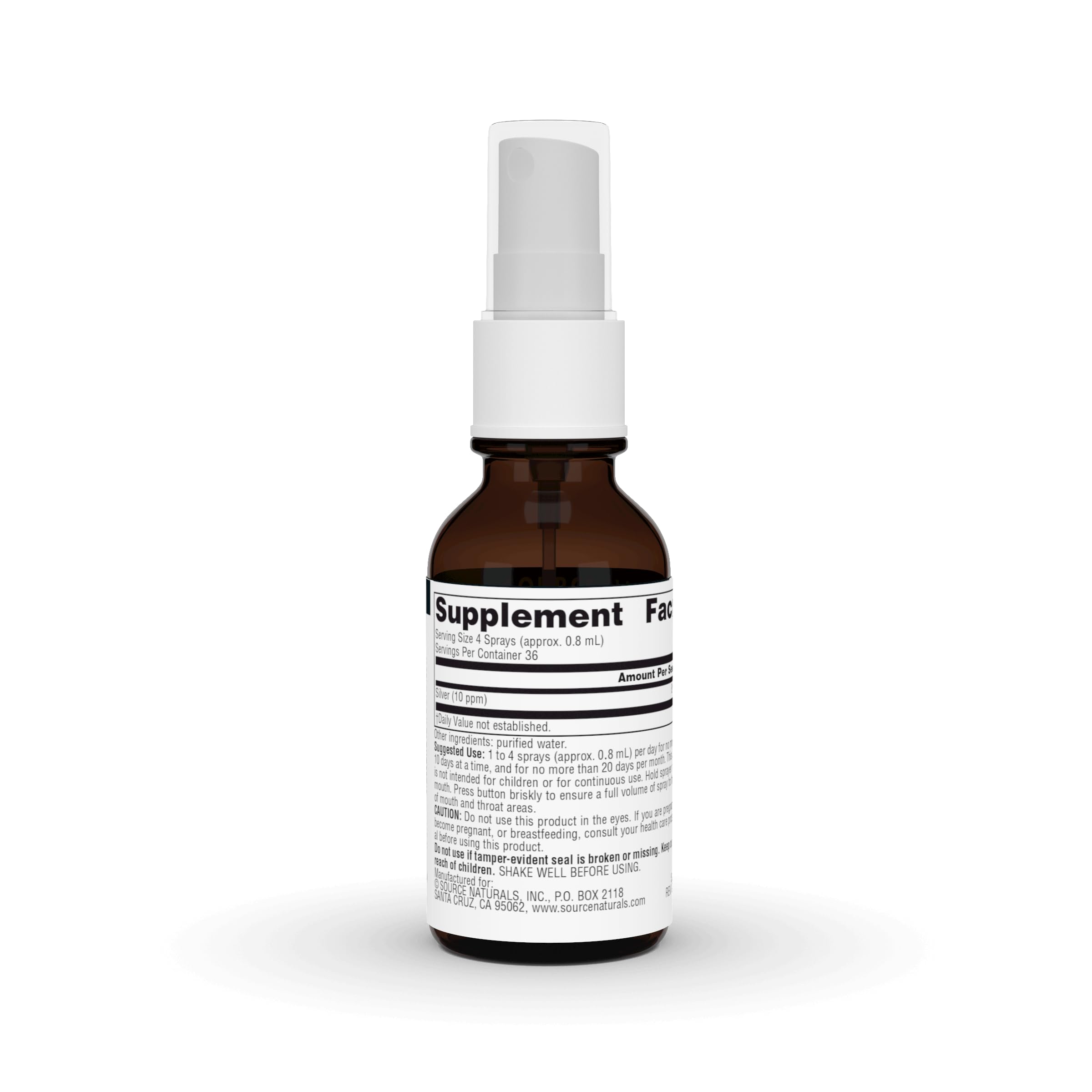 Source Naturals spray nozzle directed toward the back of the mouth.