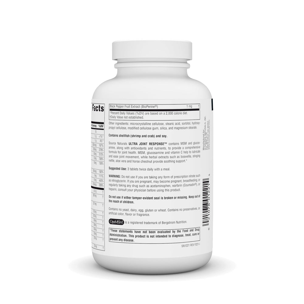 Ingredients panel on Source Naturals Ultra Joint Response highlighting MSM and glucosamine
