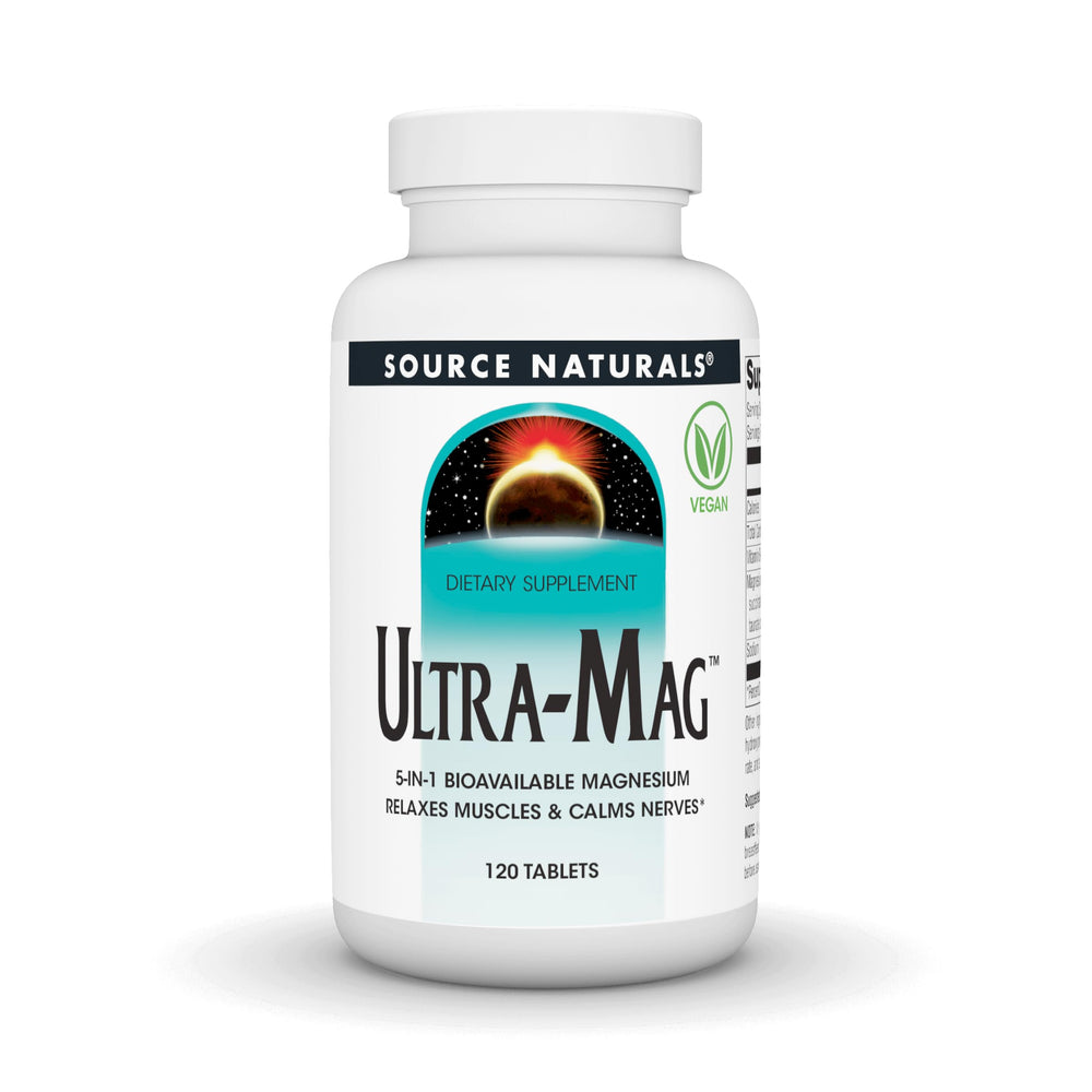 Source Naturals Ultra-Mag capsules closeup showing bioactive magnesium blend for muscle support.
