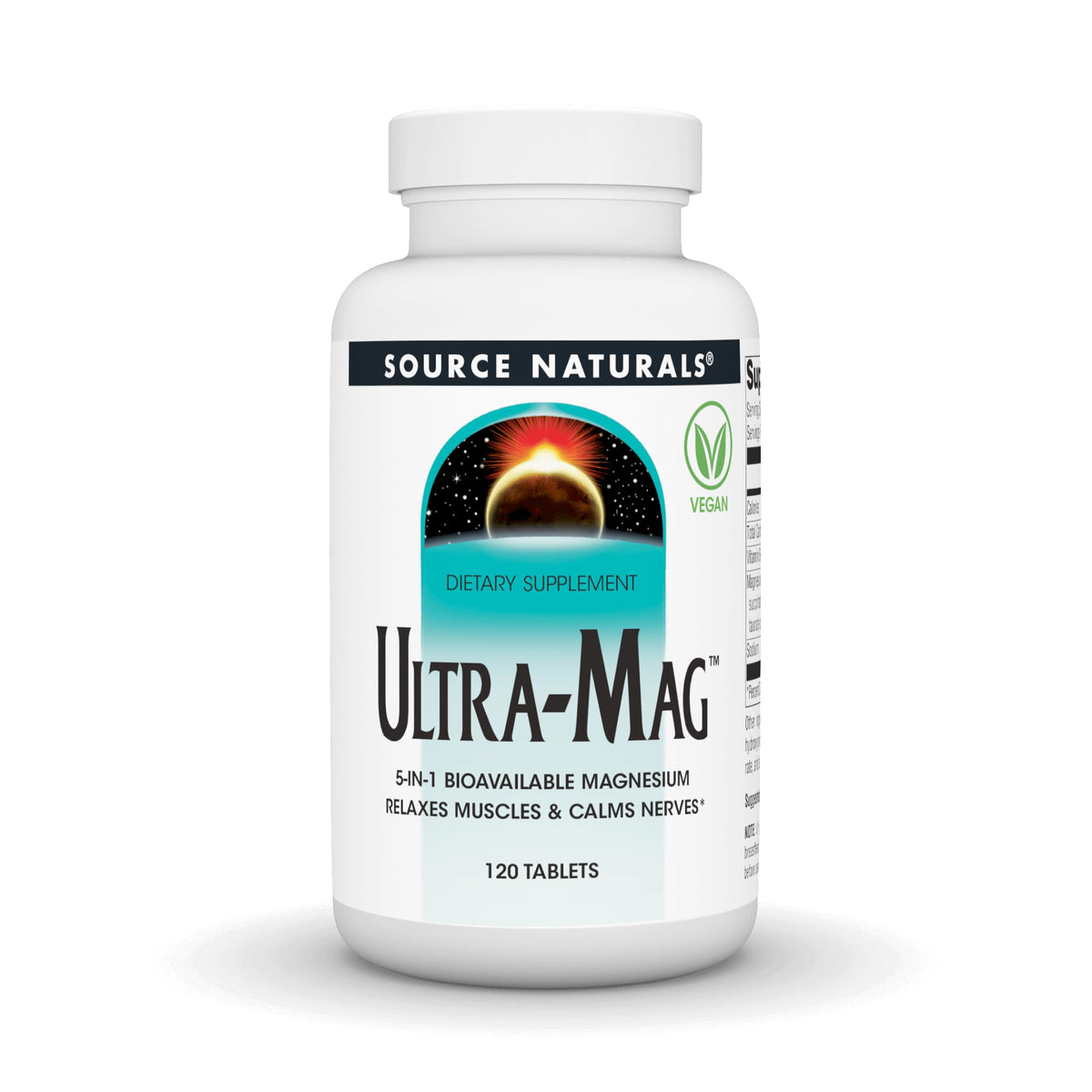 Source Naturals Ultra-Mag capsules closeup showing bioactive magnesium blend for muscle support.