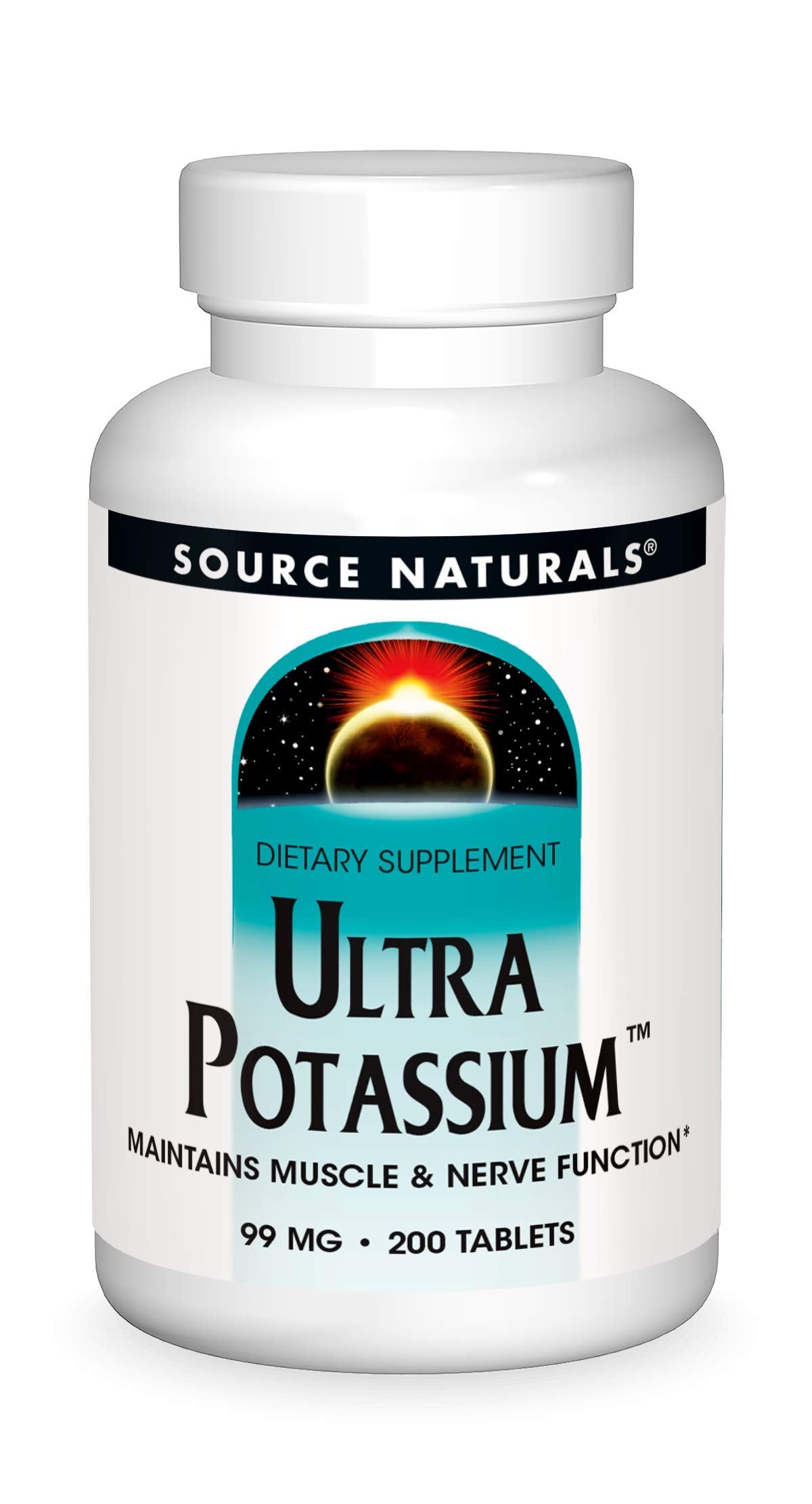 Source Naturals Ultra Potassium bottle on a clean surface supports nerve and muscle function.