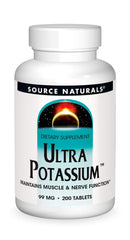 Source Naturals Ultra Potassium bottle on a clean surface supports nerve and muscle function.