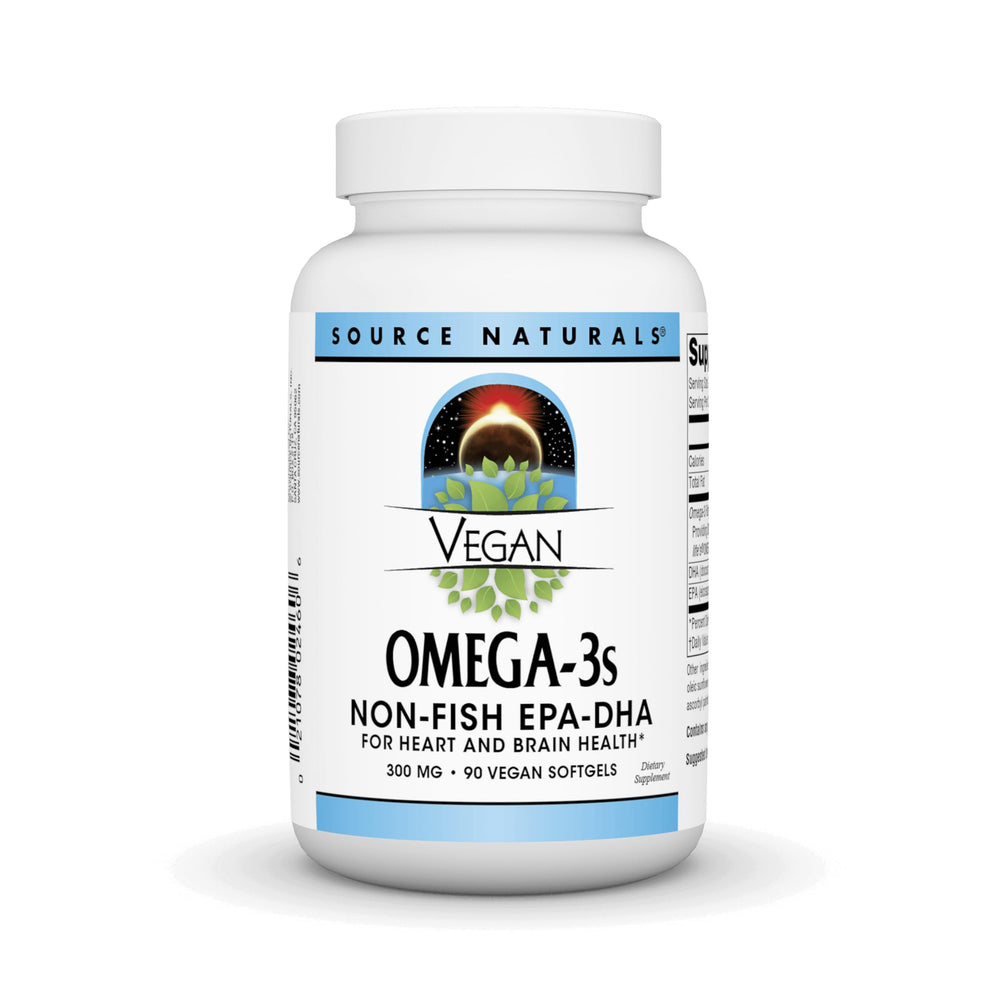 Source Naturals Vegan Omega-3s bottle highlighting plant-based EPA-DHA for daily wellness.