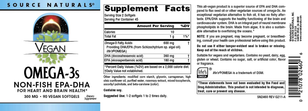 Source Naturals Omega-3s ingredients panel showing vegan soy-containing blend.