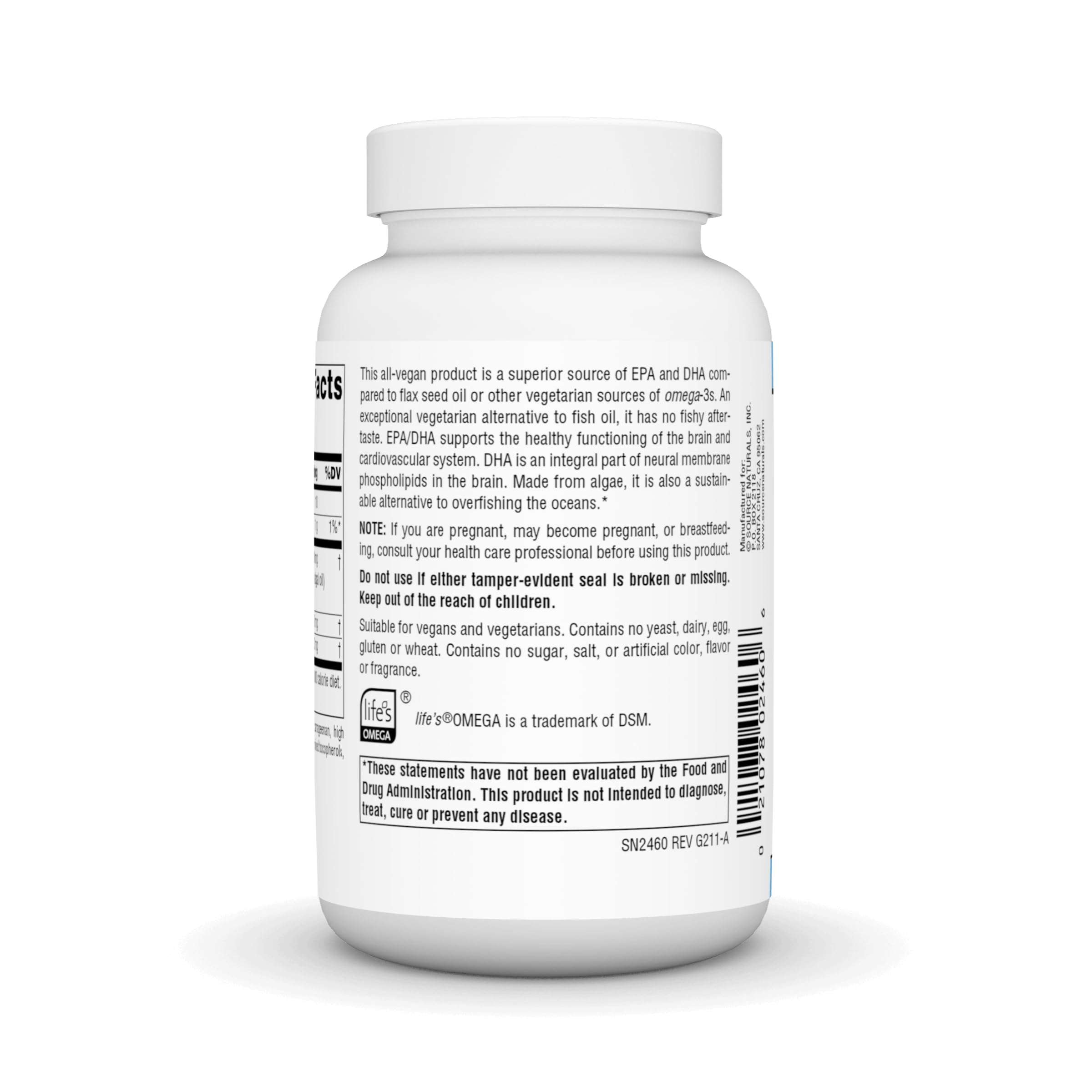 Source Naturals Vegan Omega-3s softgels back label with 90-count bottle.