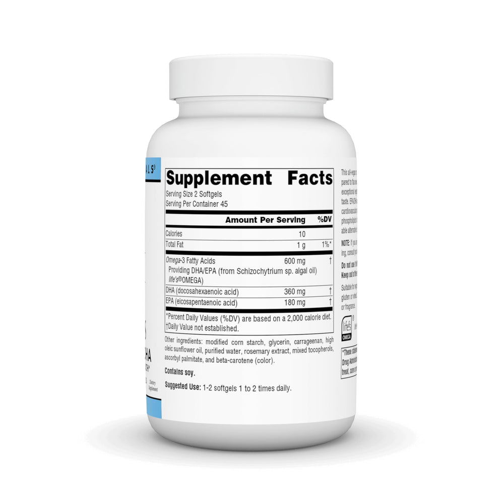 Source Naturals Vegan Omega-3s softgels front view for easy swallowing.