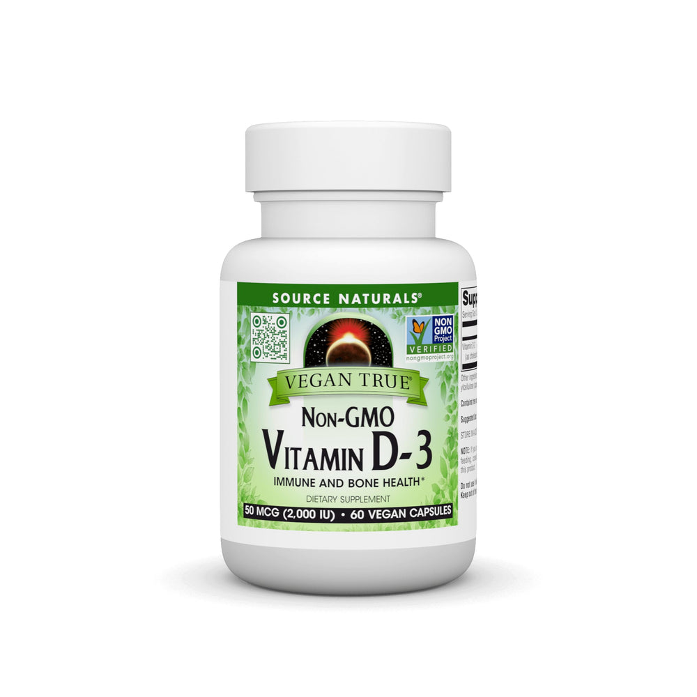 Source Naturals Vegan True Vitamin D-3 bottle label shows high potency.