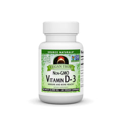 Source Naturals Vegan True Vitamin D-3 bottle label shows high potency.