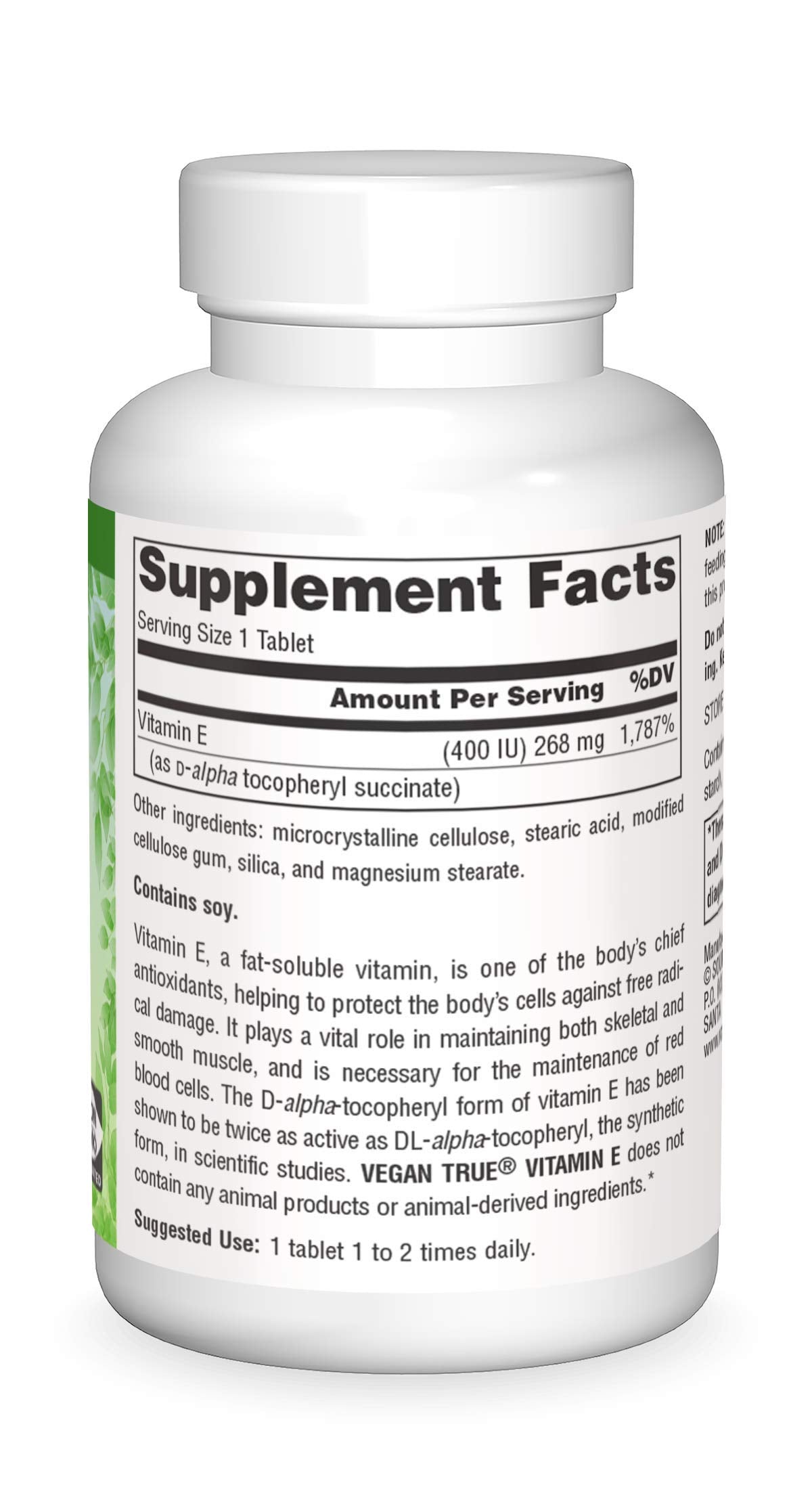 Vegan True Vitamin E label emphasizing vegan and non-GMO attributes