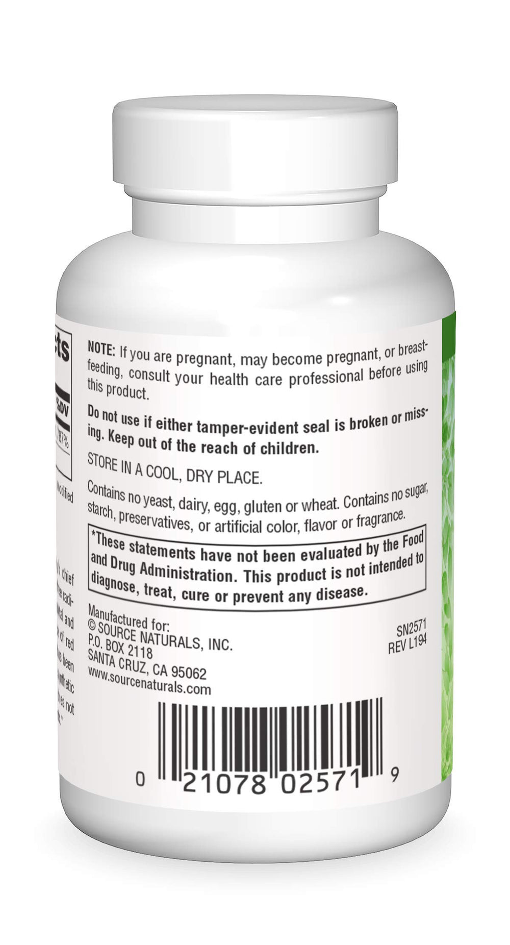 Close-up of Source Naturals Vitamin E tablets highlighting the vegan formula
