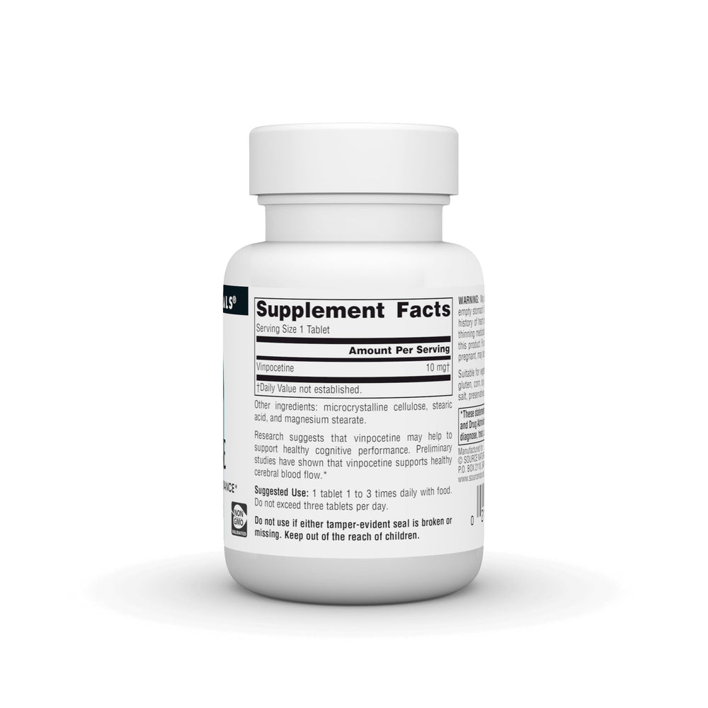 Source Naturals Vinpocetine 10 mg tablets label highlights non-GMO and allergen-free formula.