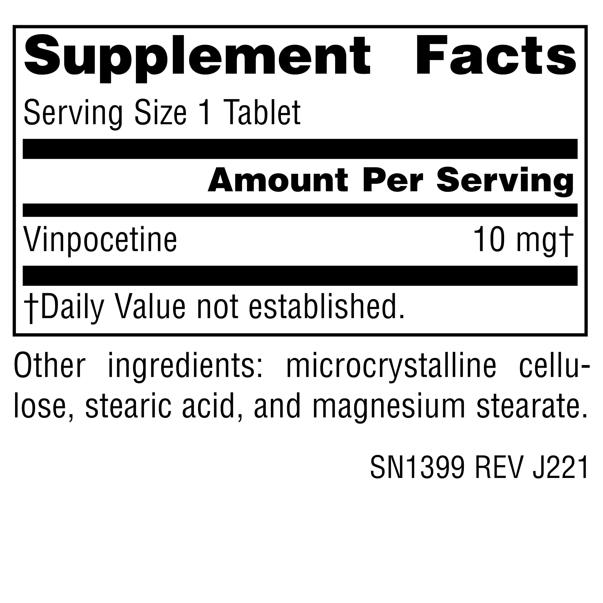 Source Naturals Vinpocetine 10 mg tablets close-up showing tablet texture.