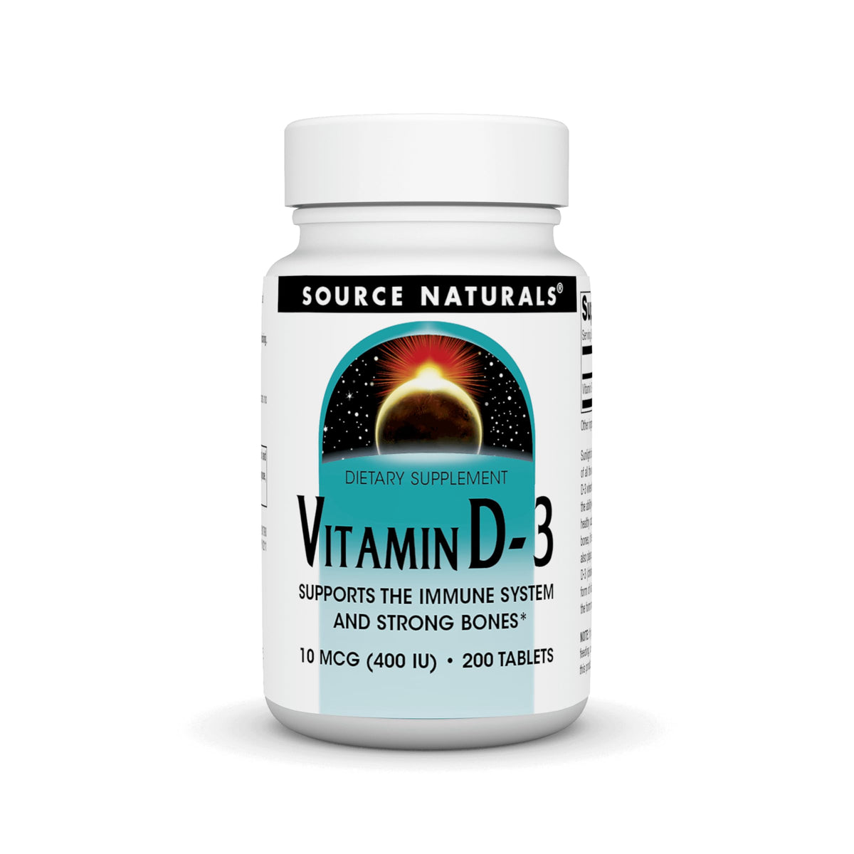Source Naturals Vitamin D-3 bottle front; may support bone health.