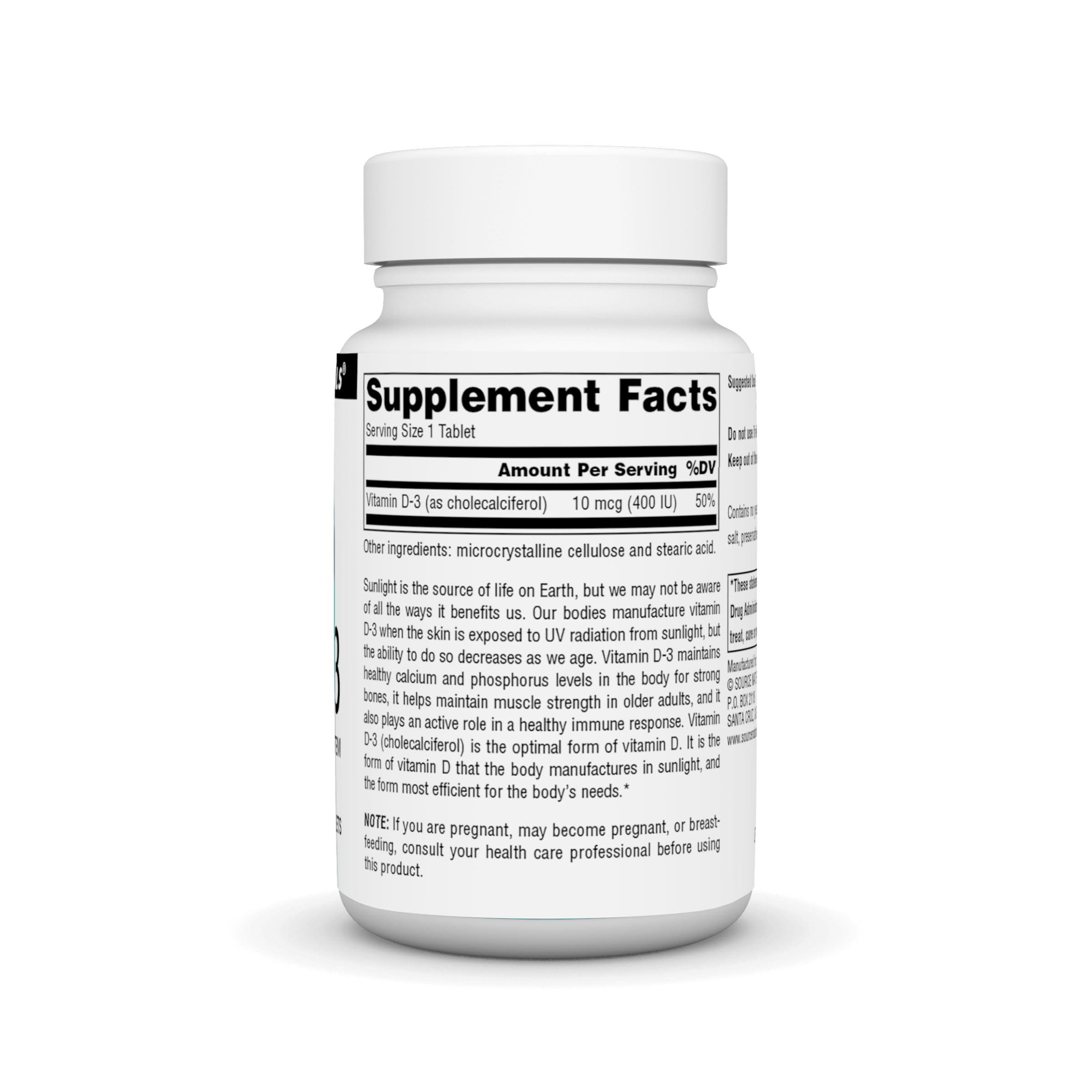 Source Naturals Vitamin D-3 label close-up; 400 IU dosage for daily intake.