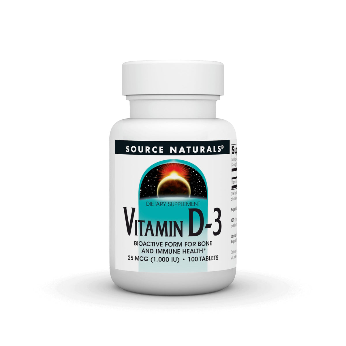 Source Naturals Vitamin D-3 1000 IU bottle shown for daily bone and immune support.