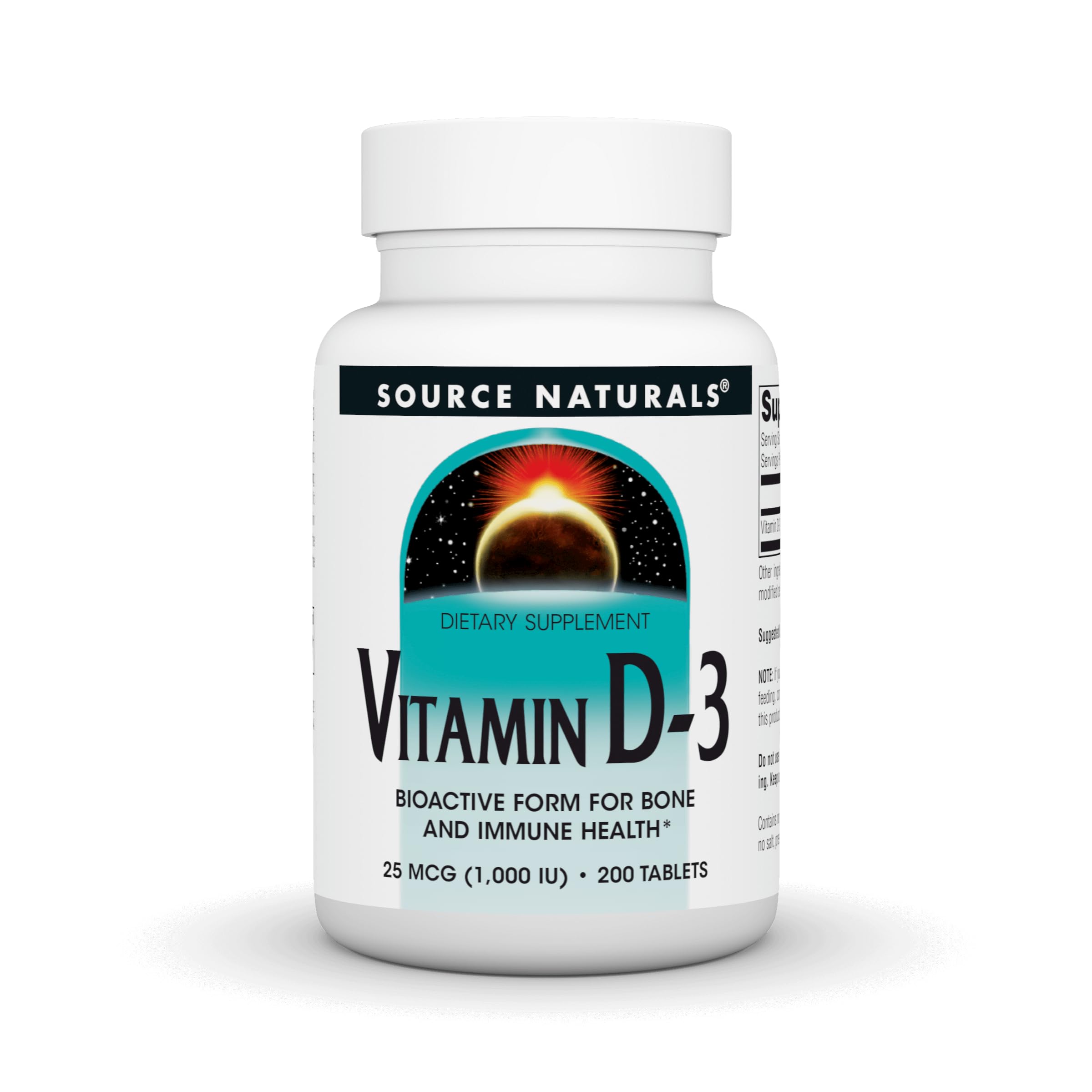 Source Naturals Vitamin D-3 1000 IU bottle with capsules supporting bone health