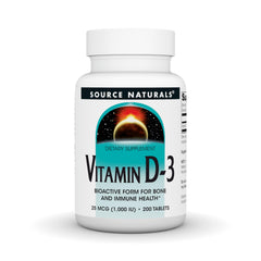 Source Naturals Vitamin D-3 1000 IU bottle with capsules supporting bone health