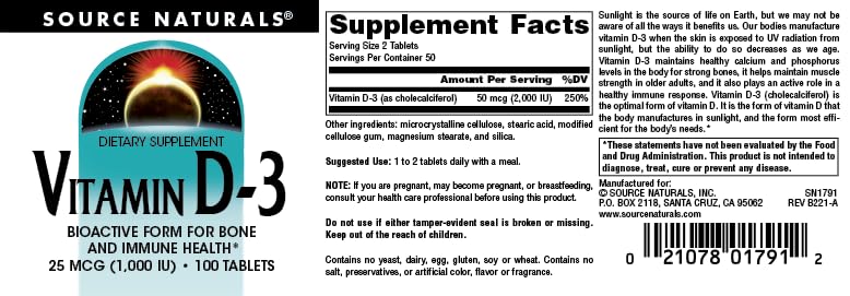 Source Naturals Vitamin D-3 1000 IU dosing guide image for consistent daily use.
